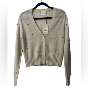 Brodie Cashmere Little Pom Beige Cardigan 100% Pure Cashmere- Size S